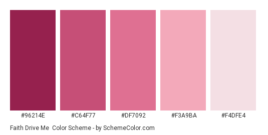 Faith Drive Me - Color scheme palette thumbnail - #96214E #C64F77 #DF7092 #F3A9BA #F4DFE4 