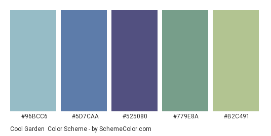 Cool Garden - Color scheme palette thumbnail - #96BCC6 #5D7CAA #525080 #779E8A #B2C491 