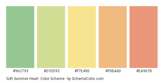 Soft Summer Heart - Color scheme palette thumbnail - #96c793 #d1dd93 #f7e490 #f0ba80 #ea967b 
