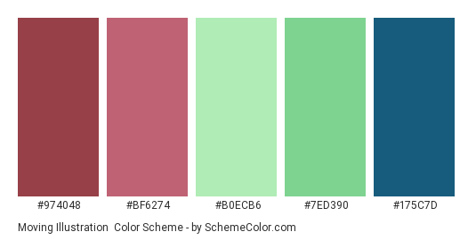Moving Illustration - Color scheme palette thumbnail - #974048 #bf6274 #B0ECB6 #7ED390 #175C7D 