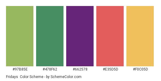 Fridays - Color scheme palette thumbnail - #97B85E #478F62 #662578 #E35D5D #F0C05D 