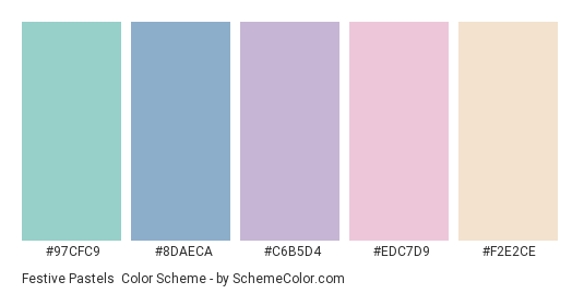 Festive Pastels - Color scheme palette thumbnail - #97CFC9 #8DAECA #C6B5D4 #EDC7D9 #F2E2CE 