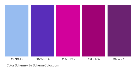 Pink-Purple Glass - Color scheme palette thumbnail - #97bcf0 #592dba #d2019b #9f0174 #6b2271 
