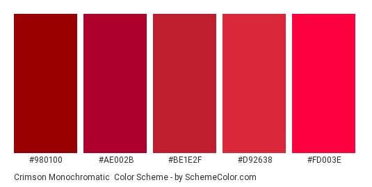 Crimson Monochromatic - Color scheme palette thumbnail - #980100 #Ae002b #be1e2f #d92638 #Fd003e 