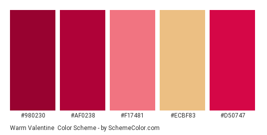 Warm Valentine - Color scheme palette thumbnail - #980230 #AF0238 #F17481 #ECBF83 #D50747 