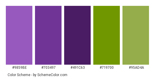 Lavender Field - Color scheme palette thumbnail - #9859be #703497 #491c63 #719700 #95ad4a 
