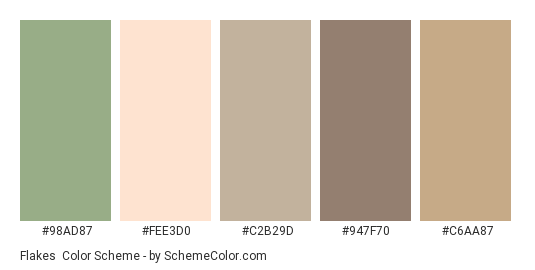 Flakes - Color scheme palette thumbnail - #98AD87 #FEE3D0 #C2B29D #947F70 #C6AA87 