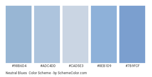 Neutral Blues - Color scheme palette thumbnail - #98b6d4 #adc4dd #cad5e3 #8eb1d9 #7b9fcf 