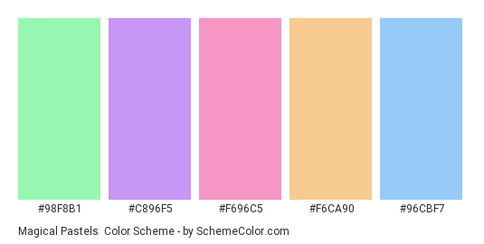 Magical Pastels - Color scheme palette thumbnail - #98f8b1 #c896f5 #f696c5 #f6ca90 #96cbf7 