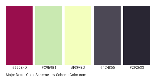 Major Dose - Color scheme palette thumbnail - #990E4D #C9E9B1 #F3FFBD #4C4855 #292633 