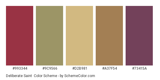 Deliberate Saint - Color scheme palette thumbnail - #993344 #9c9566 #d2b981 #a37f54 #73415a 