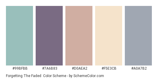 Forgetting the Faded - Color scheme palette thumbnail - #99BFBB #7A6B83 #D0AEA2 #F5E3CB #A0A7B2 