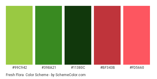 Fresh Flora - Color scheme palette thumbnail - #99c942 #398a21 #11380c #bf343b #fd5660 
