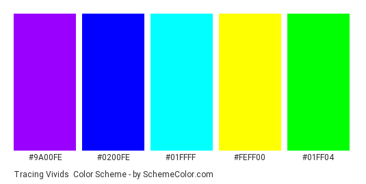 Tracing Vivids - Color scheme palette thumbnail - #9A00FE #0200FE #01FFFF #FEFF00 #01FF04 
