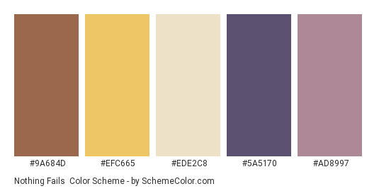 Nothing Fails - Color scheme palette thumbnail - #9A684D #EFC665 #EDE2C8 #5A5170 #AD8997 