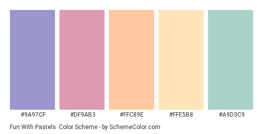 Fun with Pastels - Color scheme palette thumbnail - #9A97CF #DF9AB3 #FFC89E #FFE5B8 #A9D3C9 