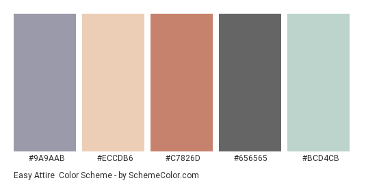 Easy Attire - Color scheme palette thumbnail - #9A9AAB #ECCDB6 #C7826D #656565 #BCD4CB 
