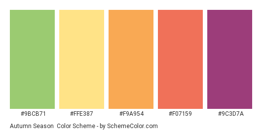 Autumn Season - Color scheme palette thumbnail - #9BCB71 #FFE387 #F9A954 #F07159 #9C3D7A 