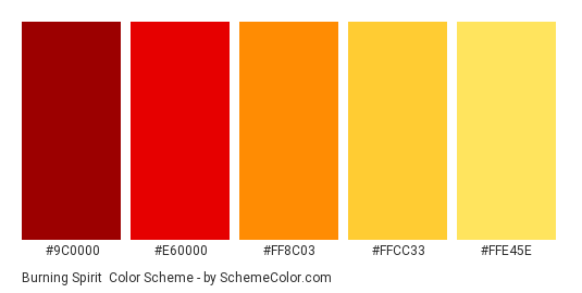 Burning Spirit - Color scheme palette thumbnail - #9C0000 #E60000 #FF8C03 #FFCC33 #FFE45E 