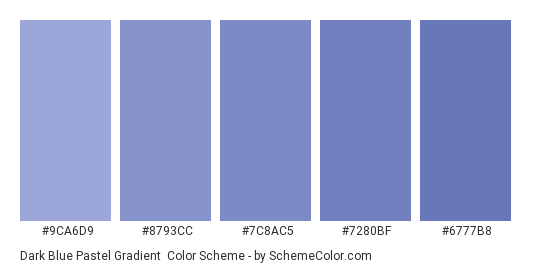 Dark Blue Pastel Gradient - Color scheme palette thumbnail - #9CA6D9 #8793CC #7C8AC5 #7280BF #6777B8 