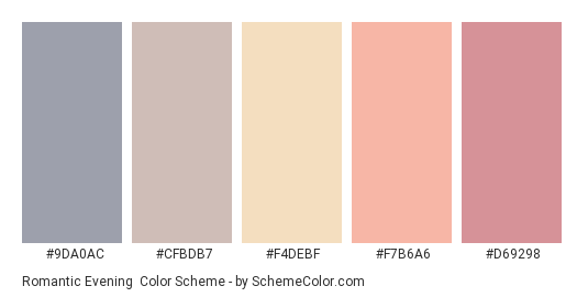 Romantic Evening - Color scheme palette thumbnail - #9DA0AC #CFBDB7 #f4debf #f7b6a6 #d69298 