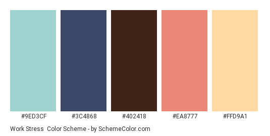 Work Stress - Color scheme palette thumbnail - #9ED3CF #3C4868 #402418 #EA8777 #FFD9A1 