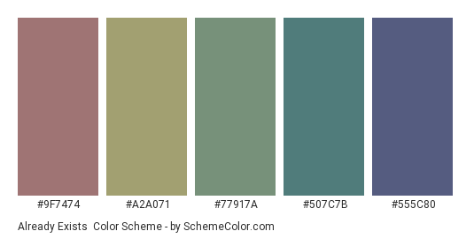Already Exists - Color scheme palette thumbnail - #9F7474 #A2A071 #77917a #507c7b #555c80 