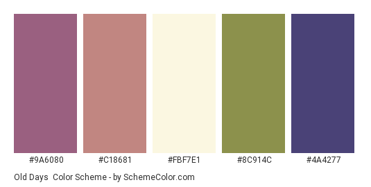 Old Days - Color scheme palette thumbnail - #9a6080 #c18681 #fbf7e1 #8c914c #4a4277 