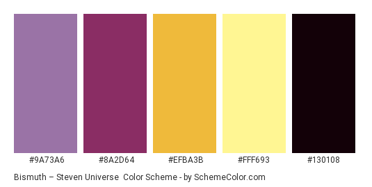 Bismuth – Steven Universe - Color scheme palette thumbnail - #9a73a6 #8a2d64 #efba3b #fff693 #130108 