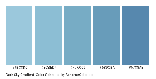 Dark Sky Gradient - Color scheme palette thumbnail - #9bc8dc #8cbed4 #77acc5 #689cba #5788ae 