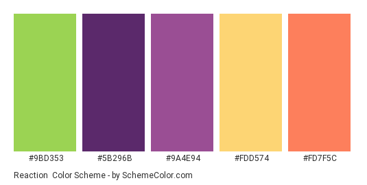Reaction - Color scheme palette thumbnail - #9bd353 #5b296b #9a4e94 #fdd574 #fd7f5c 