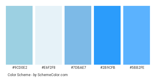 Blue Sea and Beach - Color scheme palette thumbnail - #9cd0e2 #e6f2f8 #7dbae7 #2b9cfb #5bb2fe 