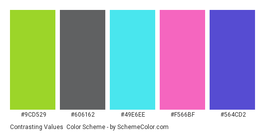 Contrasting Values - Color scheme palette thumbnail - #9cd529 #606162 #49e6ee #f566bf #564cd2 