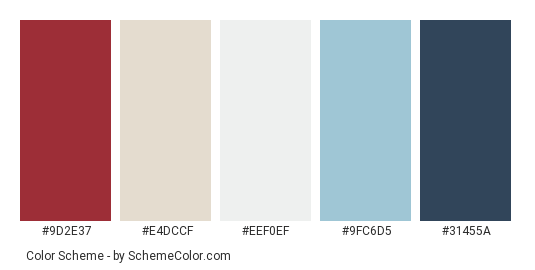 Waving flag (USA) - Color scheme palette thumbnail - #9d2e37 #e4dccf #eef0ef #9fc6d5 #31455a 