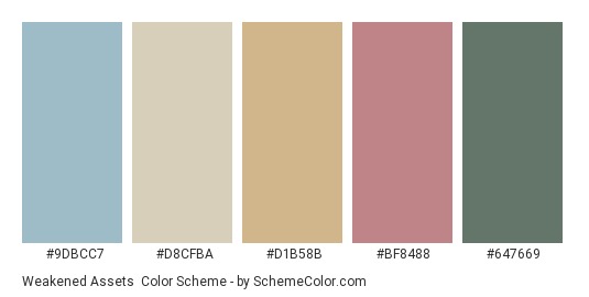 Weakened Assets - Color scheme palette thumbnail - #9dbcc7 #d8cfba #d1b58b #bf8488 #647669 