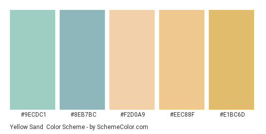 Yellow Sand - Color scheme palette thumbnail - #9ecdc1 #8eb7bc #f2d0a9 #eec88f #e1bc6d 