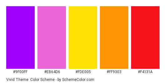 Vivid Theme - Color scheme palette thumbnail - #9f00ff #eb64d6 #fde005 #ff9303 #f4131a 