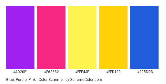 Blue, Purple, Pink & Yellow - Color scheme palette thumbnail - #A020F1 #F62682 #FFF44F #FFD109 #205ddd 
