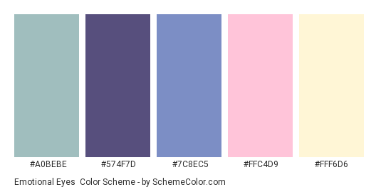Emotional Eyes - Color scheme palette thumbnail - #A0BEBE #574F7D #7C8EC5 #FFC4D9 #FFF6D6 