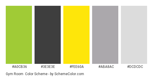 Gym Room - Color scheme palette thumbnail - #A0CB36 #3E3E3E #FEE60A #ABA8AC #DCDCDC 