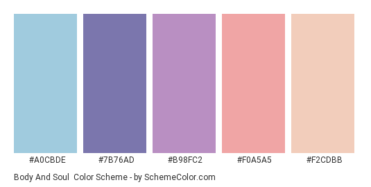 Body and Soul - Color scheme palette thumbnail - #A0CBDE #7B76AD #B98FC2 #F0A5A5 #F2CDBB 