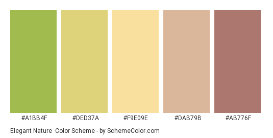 Elegant Nature - Color scheme palette thumbnail - #A1BB4F #DED37A #F9E09E #DAB79B #AB776F 