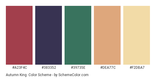 Autumn King - Color scheme palette thumbnail - #A23F4C #383352 #39735E #DEA77C #F2DBA7 