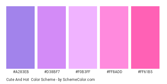 Cute and Hot - Color scheme palette thumbnail - #A283EB #D38BF7 #F0B3FF #FF8ADD #FF61B5 