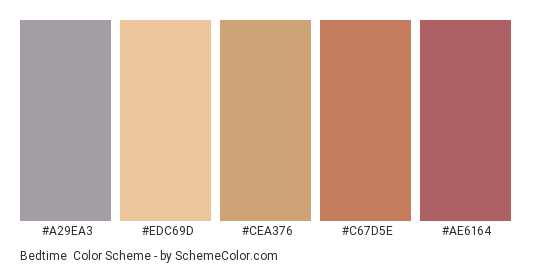 Bedtime - Color scheme palette thumbnail - #A29EA3 #EDC69D #CEA376 #C67D5E #AE6164 