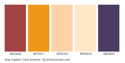 Stay Vigilant - Color scheme palette thumbnail - #A34442 #EF9817 #FDD2A7 #FDE8C8 #4d3b61 