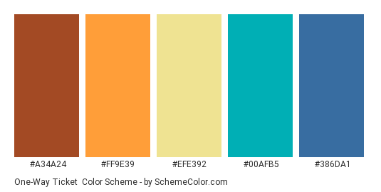 One-Way Ticket - Color scheme palette thumbnail - #A34A24 #FF9E39 #efe392 #00AFB5 #386DA1 