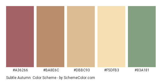 Subtle Autumn - Color scheme palette thumbnail - #A36266 #BA8E6C #DBBC93 #F5DFB3 #83A181 