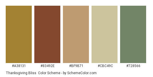 Thanksgiving Bliss - Color scheme palette thumbnail - #A38131 #83492E #BF9B71 #CBC49C #728566 