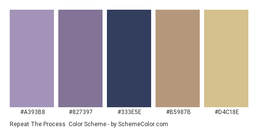 Repeat the Process - Color scheme palette thumbnail - #A393B8 #827397 #333E5E #B5987B #D4C18E 